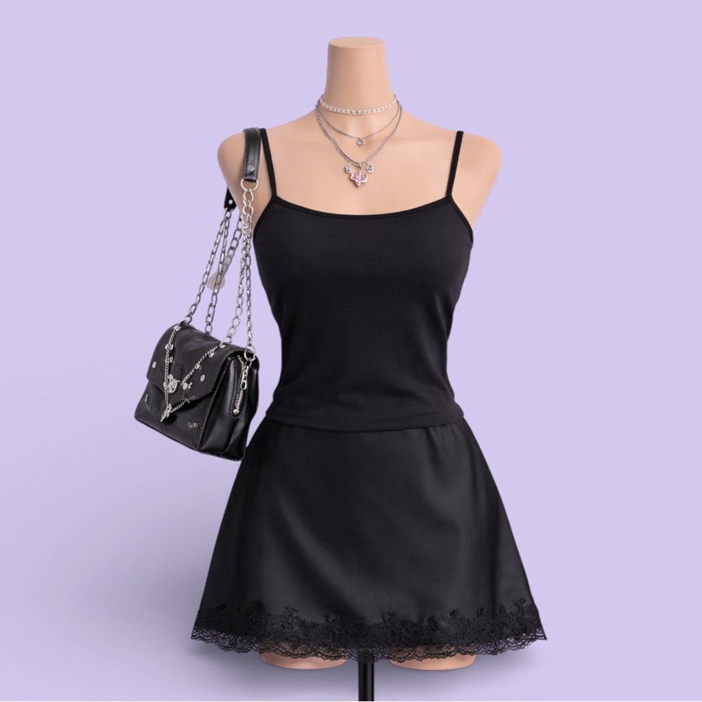 Vintage 80s Lady Lynne Black Satin Lace Slip Skirt Small USA Made Grunge Goth